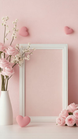 Delicate flowers in a vase complement an empty white frame against a soft pink background. Pink hearts enhance the cheerful atmosphere, perfect for celebrations or romantic events.の素材