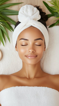 A woman with closed eyes relaxes as she receives a facial treatment at a tranquil spa. Soft lighting creates a calming atmosphere, enhancing her peaceful experience.の素材