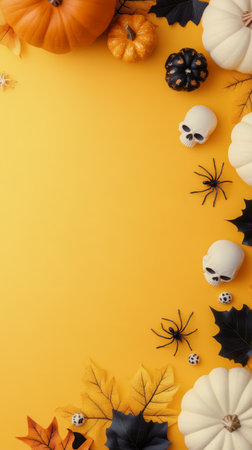 Brightly colored Halloween decorations cover a vibrant yellow background. Miniature pumpkins, skulls, and spiders create a festive atmosphere perfect for celebrations and autumn events.の素材