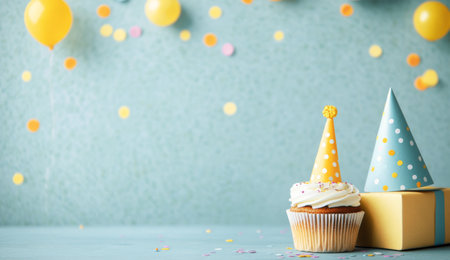 Brightly colored decorations feature party hats, cupcakes, and confetti against a light blue and yellow background, creating a joyful atmosphere for a festive celebration or event.の素材