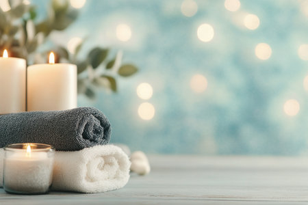A calming indoor space features a glowing pink candle surrounded by white towels and natural elements. The warm light creates a soothing atmosphere perfect for relaxation.の素材