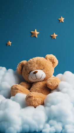 A plush bear with eyes closed relaxes on soft, fluffy clouds. Stars and moons twinkle softly in the blue sky creating a calming, serene atmosphere, perfect for bedtime.の素材