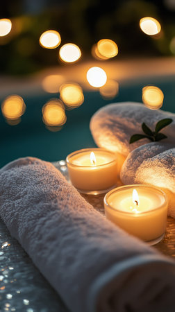 Soft glowing candles sit beside neatly rolled towels in a serene environment. Gentle fairy lights create a warm atmosphere, perfect for relaxation and self care in the evening.の素材