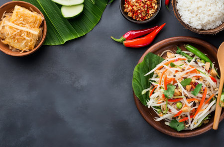 Numerous bowls filled with fresh vegetables, salads, and rice are arranged on a dark surface. Bright colors add appeal to this culinary setup for preparing a delicious meal.の素材