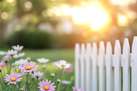 Bright flowers with pink petals flourish by a white picket fence as the sun sets, casting a warm glow over the vibrant garden. The tranquil atmosphere invites relaxation and enjoyment of nature.の素材
