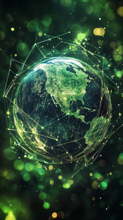 A digital globe representing North America is surrounded by a web of connectivity. The bright green hues symbolize technology and sustainability, creating a dynamic visual of the interconnected world.の素材