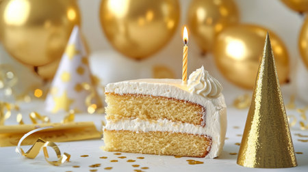 A small piece of vanilla cake with a lit candle sits on a table, surrounded by golden balloons and festive party hats. The atmosphere is cheerful and celebratory.の素材