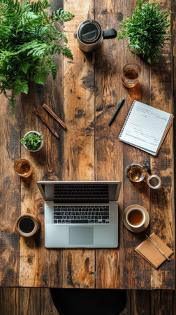 A well organized workspace features a laptop open on a wooden table surrounded by potted plants and coffee cups. Notebooks and stationery add to a creative atmosphere in soft natural light.の素材