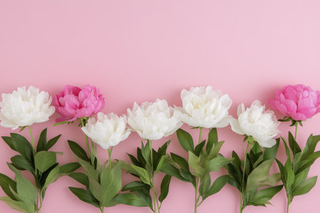 A bouquet of peonies in shades of pink and white is elegantly arranged with green leaves on a soft pink background. The flowers are fresh and vibrant, showing their delicate petals.の素材