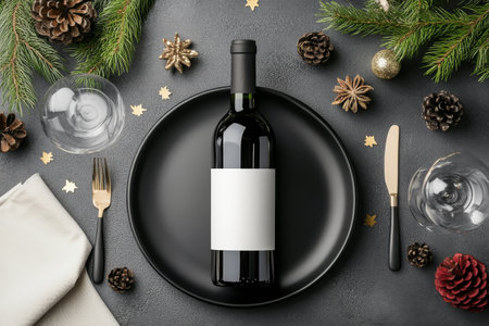 A bottle of red wine rests on a black plate next to two filled glasses, surrounded by pine branches and holiday ornaments. Soft lights create a warm ambiance for winter gatherings.の素材