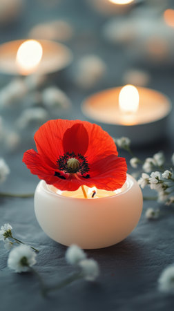 A serene setup features flickering candles surrounded by delicate white flowers and a vibrant red poppy. This calming display creates a peaceful ambiance perfect for relaxation.の素材
