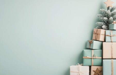 A beautifully decorated Christmas tree stands tall with sparkling ornaments and a star on top. Surrounding the tree are neatly arranged gifts wrapped in elegant paper, creating a festive atmosphere.の素材