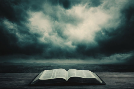 An open book rests on a wooden surface, illuminated by dim light as dark storm clouds cover the sky. The atmosphere feels tense and dramatic, hinting at an impending storm.の素材