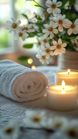 A cozy relaxation area features a neatly rolled white towel beside two lit candles. Fresh flowers add a touch of nature, creating a peaceful atmosphere for self care and mindfulness.の素材