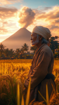 An elderly farmer stands in a golden rice field, gazing at the sunset. A majestic mountain looms in the background, creating a serene atmosphere in this rural setting.の素材