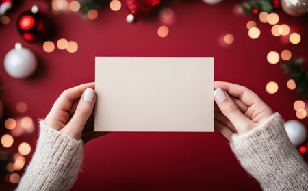Two hands present a blank card, surrounded by Christmas ornaments and soft lights on a red background, evoking a warm holiday atmosphere during winter celebrations.の素材