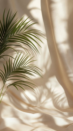 Natural light softly illuminates a simple space with draped fabric, creating delicate shadows. A potted plant adds a touch of greenery, while a wooden table holds two minimalist cups.の素材