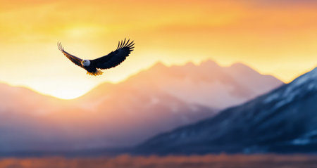 An eagle glides gracefully through the sky, wings spread wide, against a backdrop of colorful sunset hues. Mountains frame the horizon as daylight fades into night.の素材