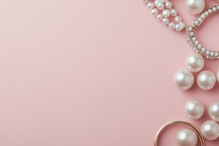 Multiple pearl necklaces in different styles and colors are skillfully arranged on a soft pink background. The delicate designs highlight the beauty of the jewels, creating a luxurious feel.の素材