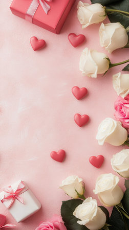 Delicate roses in white and pink with heart shaped candies are laid out on a soft pink backdrop, creating a romantic atmosphere for special occasions, celebrations, or gifts.の素材