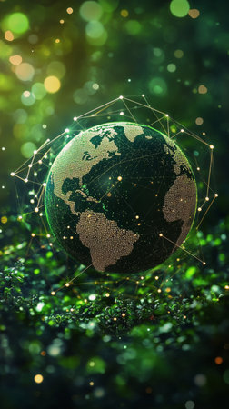 A digital globe representing North America is surrounded by a web of connectivity. The bright green hues symbolize technology and sustainability, creating a dynamic visual of the interconnected world.の素材