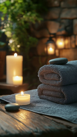 A serene arrangement of smooth heated stones placed on a soft towel, surrounded by candles and green foliage. This setup creates a calming spa like atmosphere perfect for relaxation.の素材