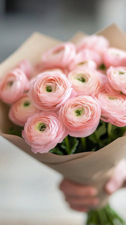 A stunning arrangement of pink and white ranunculus flowers is beautifully wrapped in neutral paper.の素材
