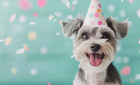 Three cheerful dogs wear colorful party hats while enjoying a vibrant birthday celebration. Confetti rains down, adding to the joyful atmosphere in the background.の素材