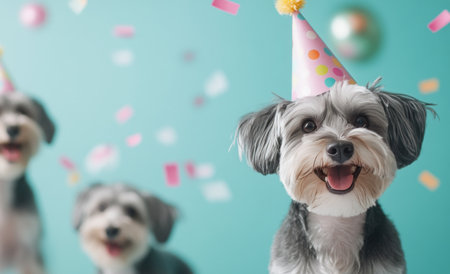 Three cheerful dogs wear colorful party hats while enjoying a vibrant birthday celebration. Confetti rains down, adding to the joyful atmosphere in the background.の素材