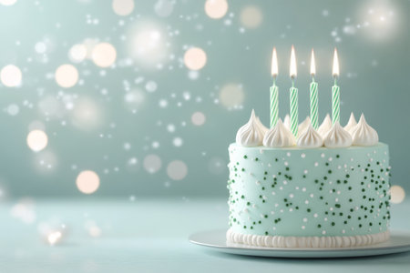 A light blue birthday cake adorned with green sprinkles and topped with five candles stands on a plate. Soft, blurred lights create a celebratory atmosphere.の素材