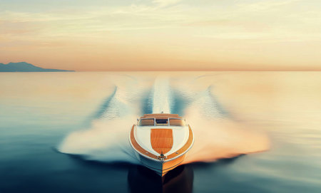 A sleek luxury speedboat cuts through the tranquil waters, leaving a trail behind. The setting sun casts warm hues over the horizon, enhancing the peaceful atmosphere. The coastline is subtly visible.の素材