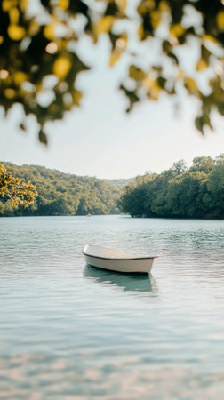 A serene white boat is anchored on calm, clear water, surrounded by lush green trees on a peaceful lakeshore during early morning light. Natural beauty emanates from the scene.の素材