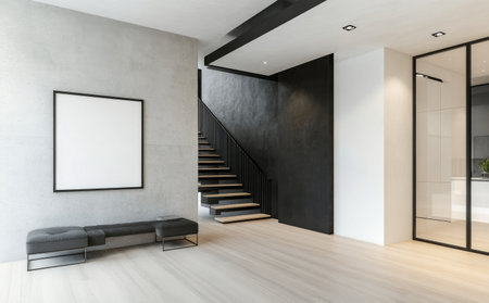 A spacious living area with a large window offers natural light to a minimalist sofa and coffee table. A contemporary staircase in the background adds elegance to the design.の素材