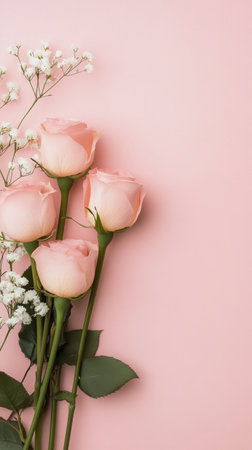 A stunning arrangement of pink roses and white blossoms is displayed in a soft pink vase. The flowers are fresh, vibrant, and create an inviting atmosphere within the flower shop.の素材