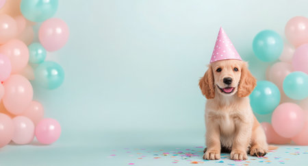 A playful golden retriever puppy sits on a light background wearing a party hat. Colorful balloons in varying sizes create a festive atmosphere for a celebration, perfect for a birthday.の素材
