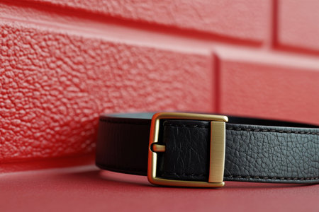 A stylish black leather belt rests on a vibrant red textured wall. The belt features a sleek metal buckle that enhances its contemporary design, perfect for any outfit.の素材