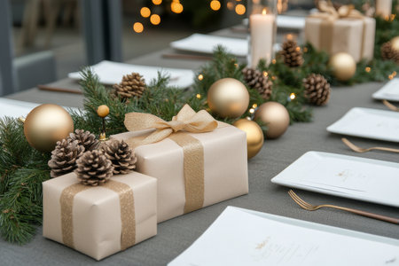 A beautifully arranged holiday table features elegant gift boxes, pine cones, and greenery. Soft lighting enhances the festive atmosphere, setting the scene for a joyful gathering.の素材