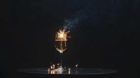 A clear glass filled with a bubbly beverage sits on a polished table. A sparkler flickers brightly, adding a festive touch to the celebratory atmosphere in a dimly lit space.の素材