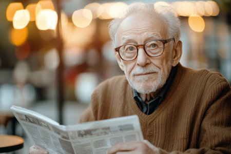 An elderly man reads a newspaper while seated indoors in a cafe. The warm lights create a cozy atmosphere, highlighting his focused expression. Soft bokeh enhances the ambiance.の素材