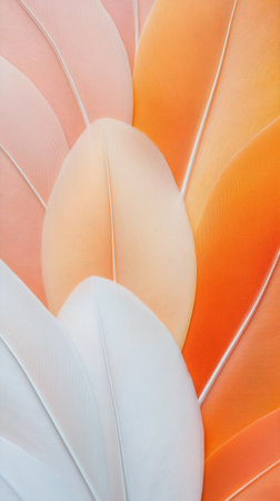 Feathers in soft shades of white and orange fill the background, blending together to form a gentle and tranquil atmosphere. The lightness of the feathers evokes a feeling of calm and peace.の素材