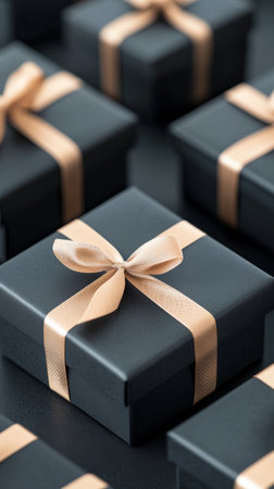 Stylish black gift boxes, neatly wrapped with satin ribbons, are arranged on a textured surface. Soft lights create a warm, inviting atmosphere, perfect for celebrations.の素材