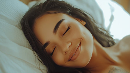 A young woman relaxes in a cozy bed, smiling gently as she sleeps. Soft sunlight streams through the window, illuminating her peaceful expression and warm sweater.の素材