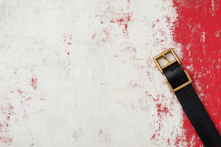 A stylish black leather belt rests on a vibrant red textured wall. The belt features a sleek metal buckle that enhances its contemporary design, perfect for any outfit.の素材