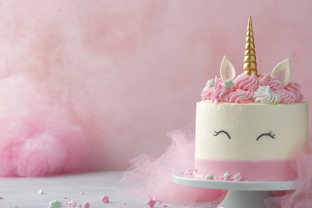 This delightful cake features a whimsical unicorn design, complete with a golden horn and pink swirls of frosting.の素材