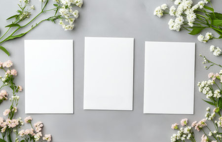 Three blank, white cards are placed on a light surface surrounded by delicate flowers in soft orange and white hues. This setup is ideal for creative design projects or invitations.の素材