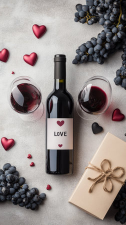 A beautifully arranged setup with a bottle of red wine and two glasses filled with wine, surrounded by gift wrapping, hearts, and grapes, perfect for a romantic evening or celebration.の素材