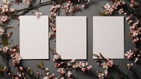 Three blank cards are placed on a gray surface, surrounded by colorful flowers. This setup is perfect for crafting, invitations, or personalized messages, enhancing creativity and inspiration.の素材