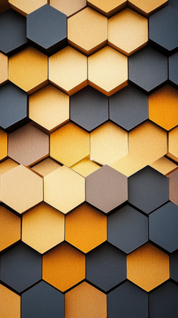Close up view of a hexagonal mesh structure illuminated by warm sunlight, creating an abstract effect. The honeycomb pattern enhances the texture and depth of the image during evening light.の素材