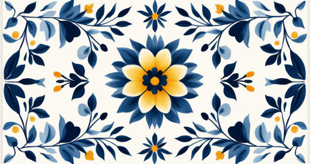 A vibrant floral pattern showcases bold dark blue flowers surrounded by delicate yellow blooms and green leaves. This design offers a fresh and colorful aesthetic ideal for various decor.の素材