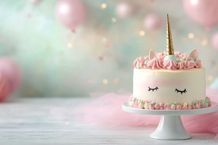 This delightful cake features a whimsical unicorn design, complete with a golden horn and pink swirls of frosting.の素材